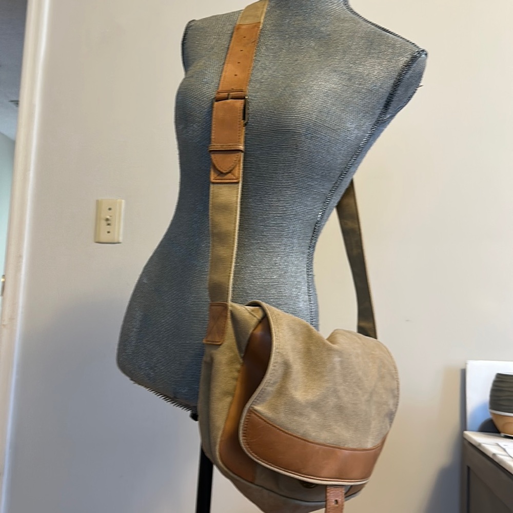 L.L. Bean Canvas Khaki Leather Crossbody Saddle Bag